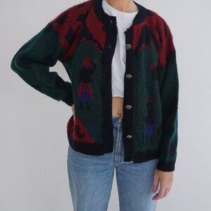 Vintage Club Smart Set Green Red Abstract Cardigan Eclectic Grandpa Sweater M